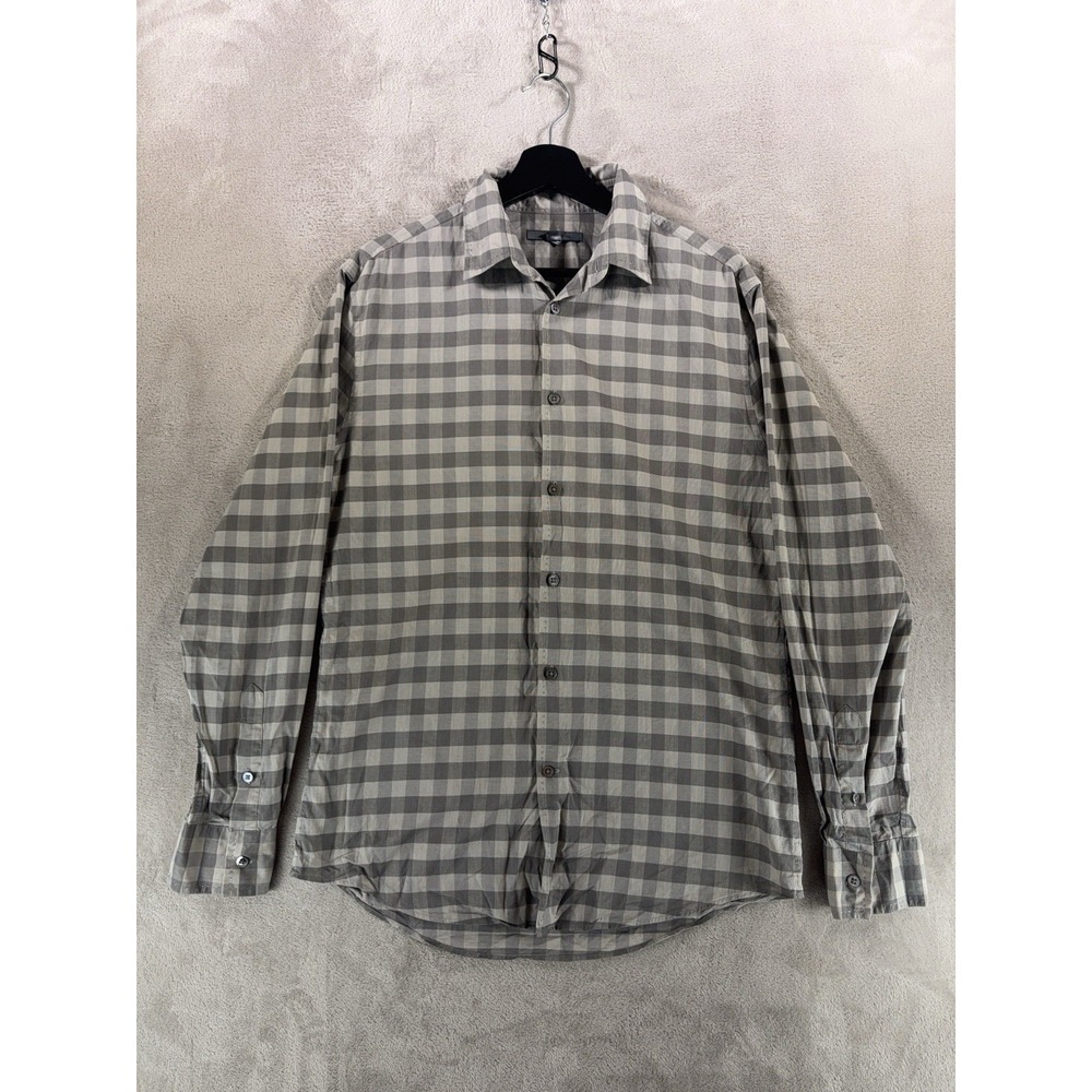 John Varvatos Button Down Shirt Mens Small White Gray Check Plaid Cotton Casual